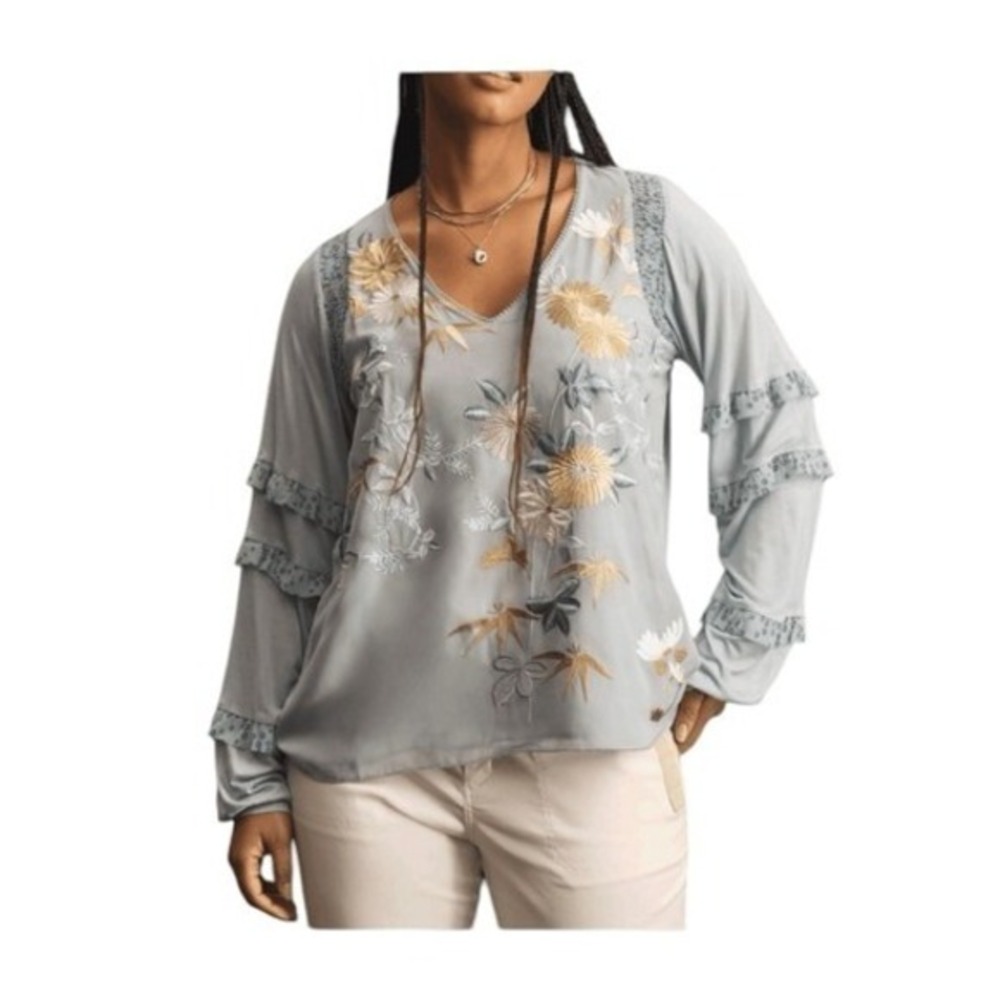 Tiny Anthropologie Frances Blouse Blue Floral Embroidered Long Sleeve Ruffled S